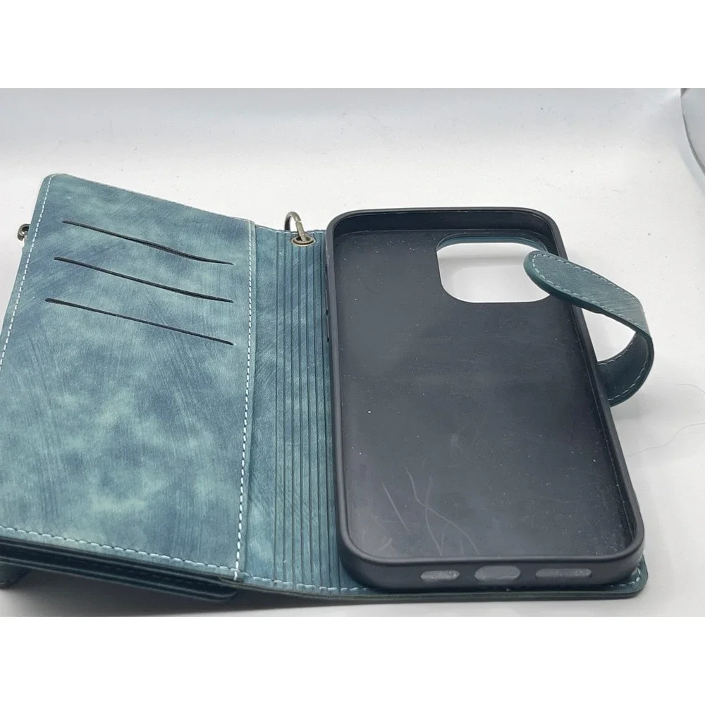 CaseMe Blue Vintage Leather Wallet Phone Case Zipper Card Holder Wristlet Strap